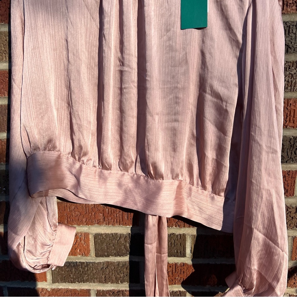 H&M Dusty Pink Silk Like Open Back Tied Long Sleeve Cropped Blouse - Picture 3 of 6